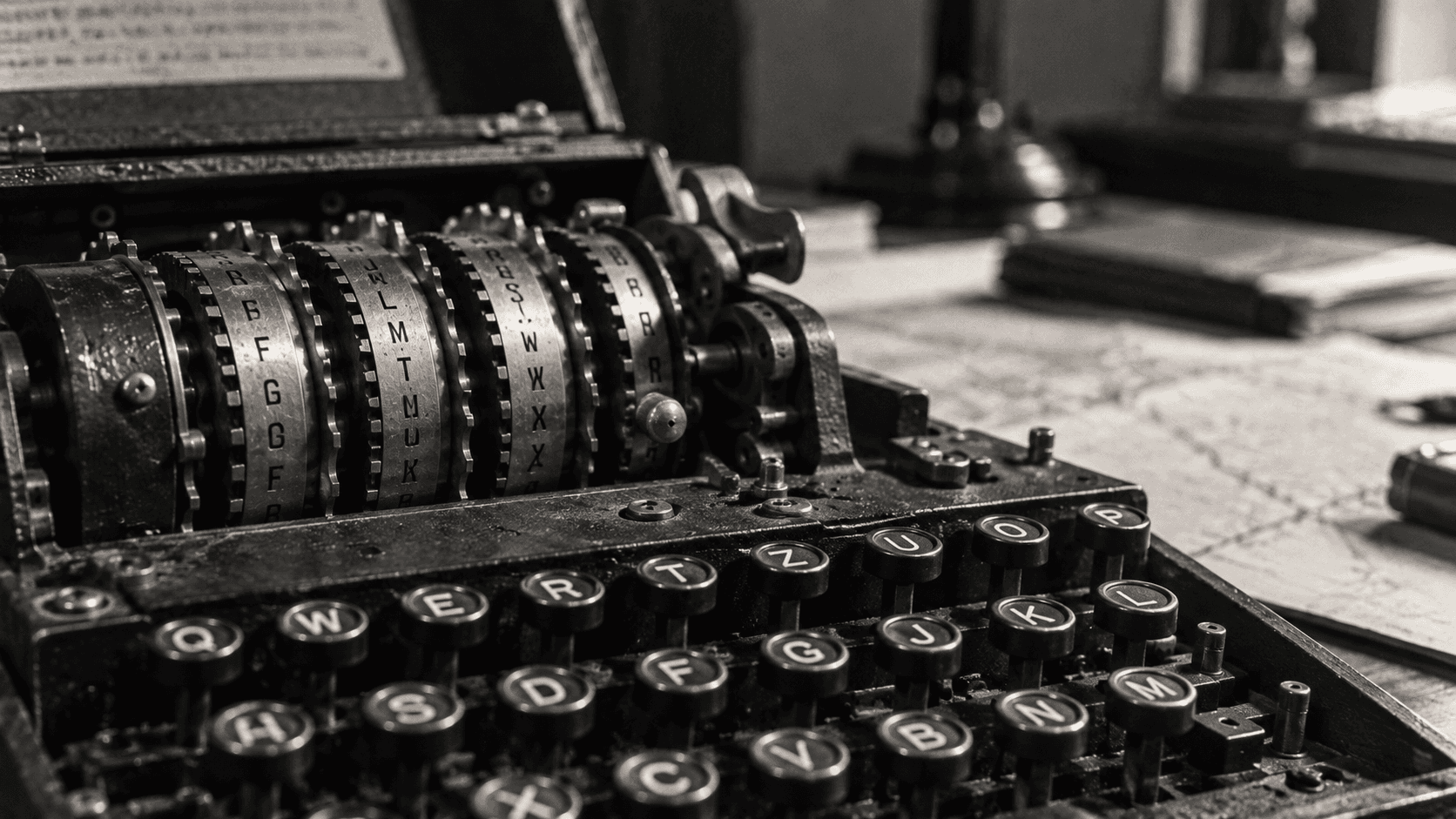 A wartime Enigma cipher machine, its rotors and keyboard in close focus