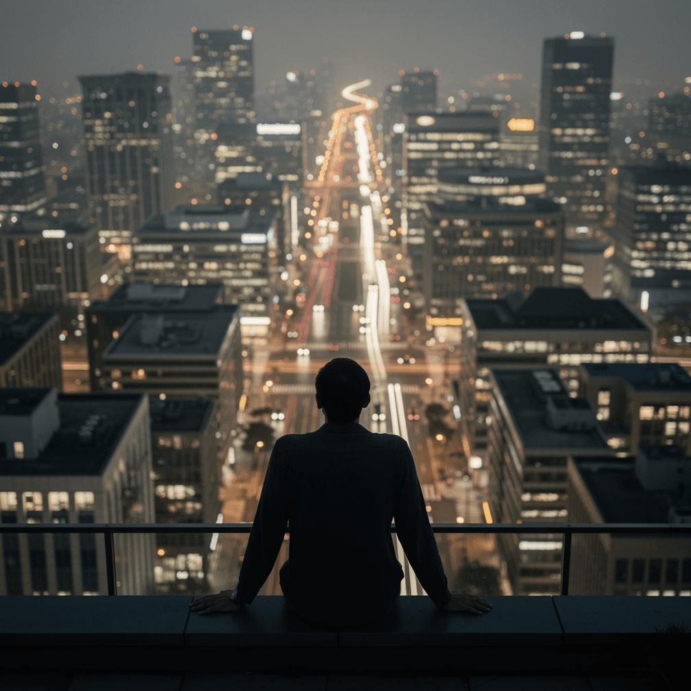 A person sitting on a rooftop ledge at dusk, looking out over a city of traffic and lit towers