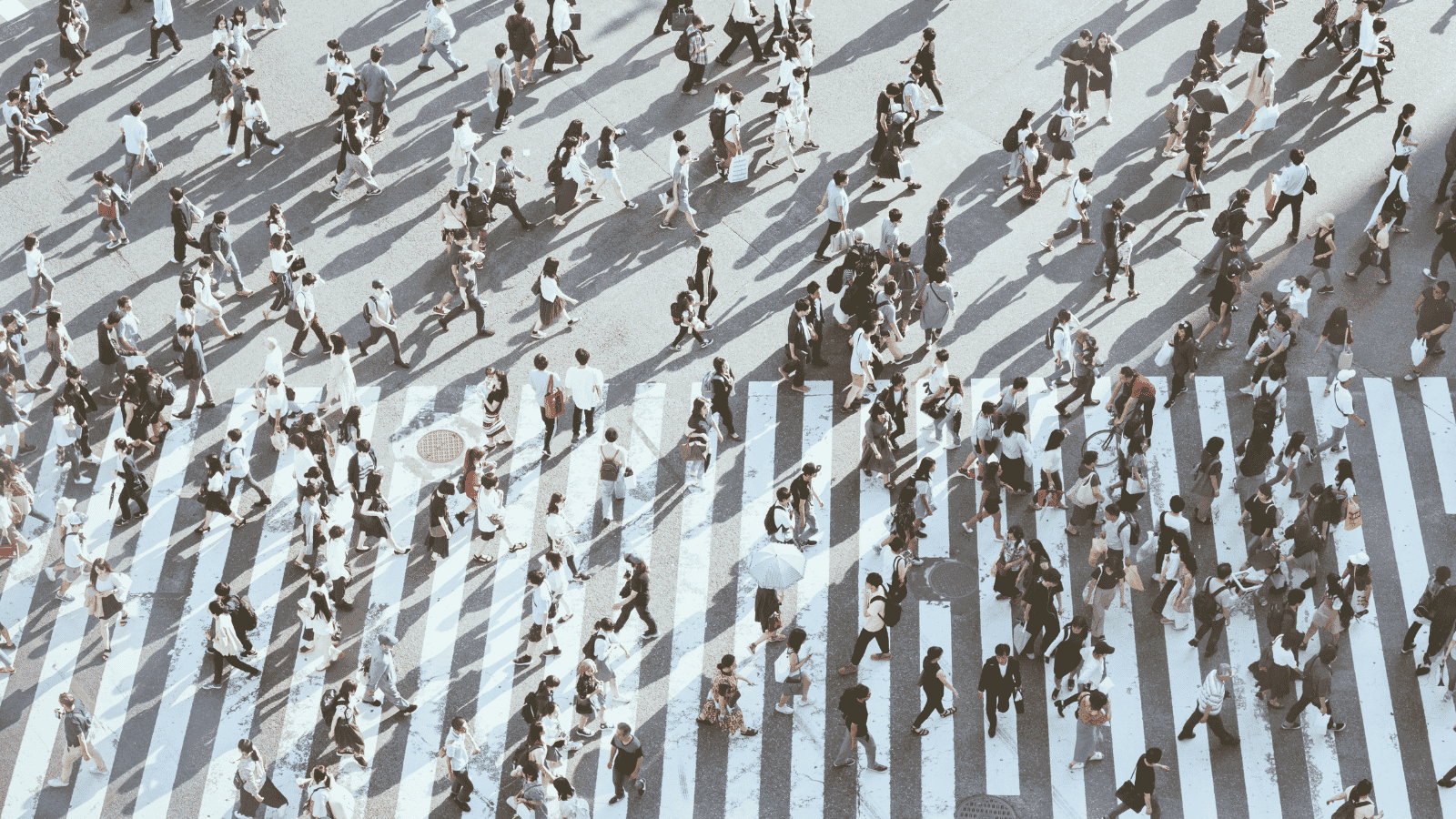 Aerial view of a crowded pedestrian crossing, hundreds of people moving in overlapping flows